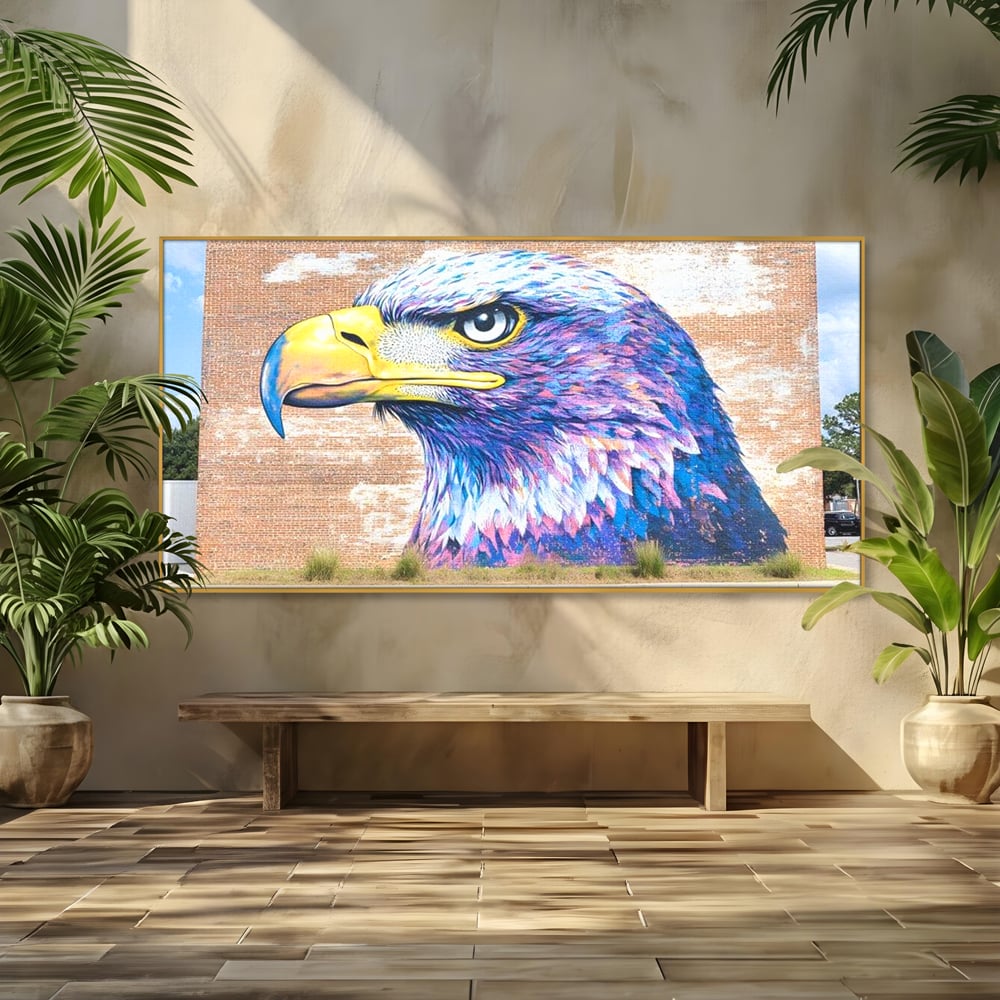 Tablou canvas cu tablou canvas cu vultur graffitti pe zid de caramida, in rama de aluminiu auriu